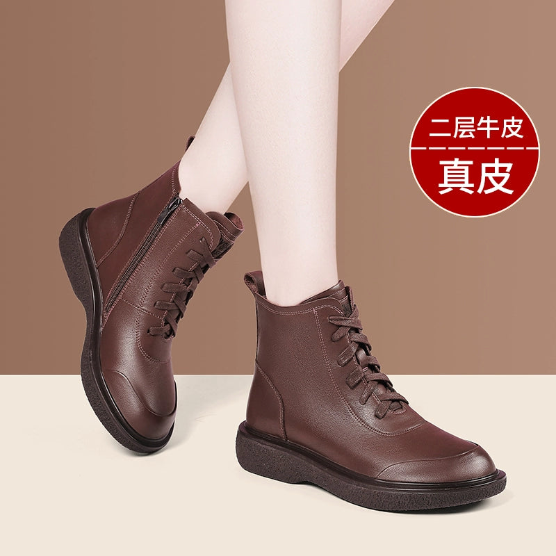 Martin boots mother flat short boots autumn and winter 2023 new soft leather comfortable black women's leather shoes women's