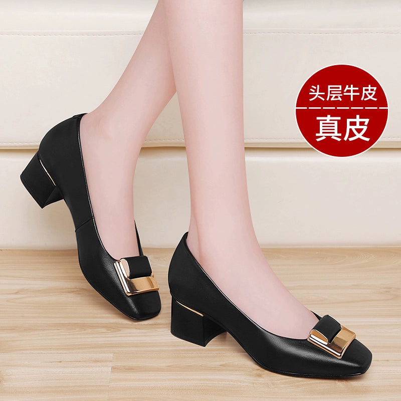 Gucci Tianlun leather mother shoes 2023 autumn new women's shoes temperament high heels commuting thick heel shallow mouth single shoes