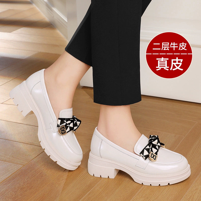 Small leather shoes women's British style autumn 2023 new versatile thick heel soft leather single shoes spring and autumn one-pedal loafers
