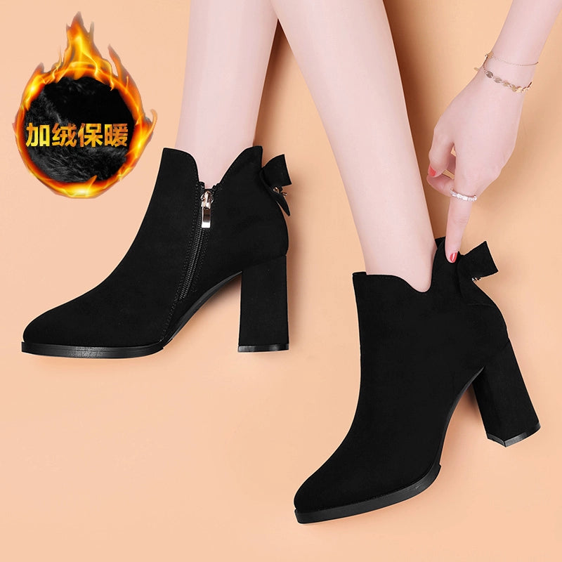 Coarse-heeled short boots Soft leather high-heeled boots Winter velvet 2023 new women's boots Beige boots High heels Leather boots