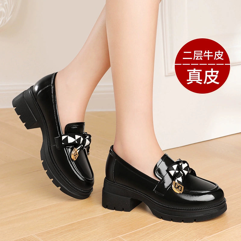 Small leather shoes women's British style autumn 2023 new versatile thick heel soft leather single shoes spring and autumn one-pedal loafers