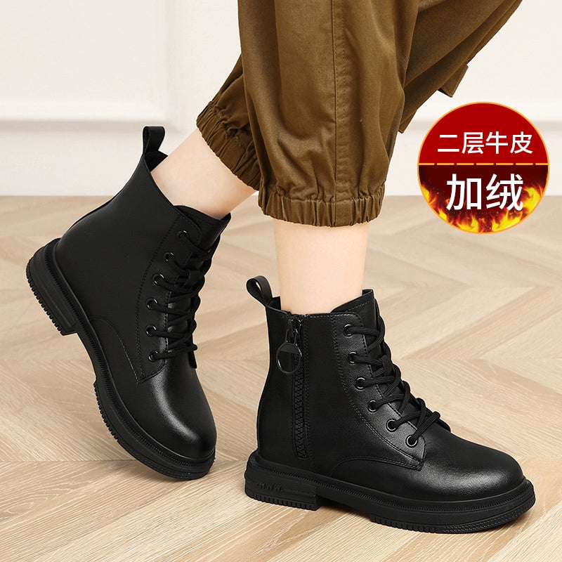 Martin boots women's 2023 new small inner height increase women's boots winter velvet boots leather short boots winter