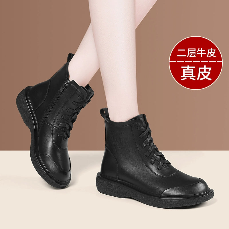Martin boots mother flat short boots autumn and winter 2023 new soft leather comfortable black women's leather shoes women's