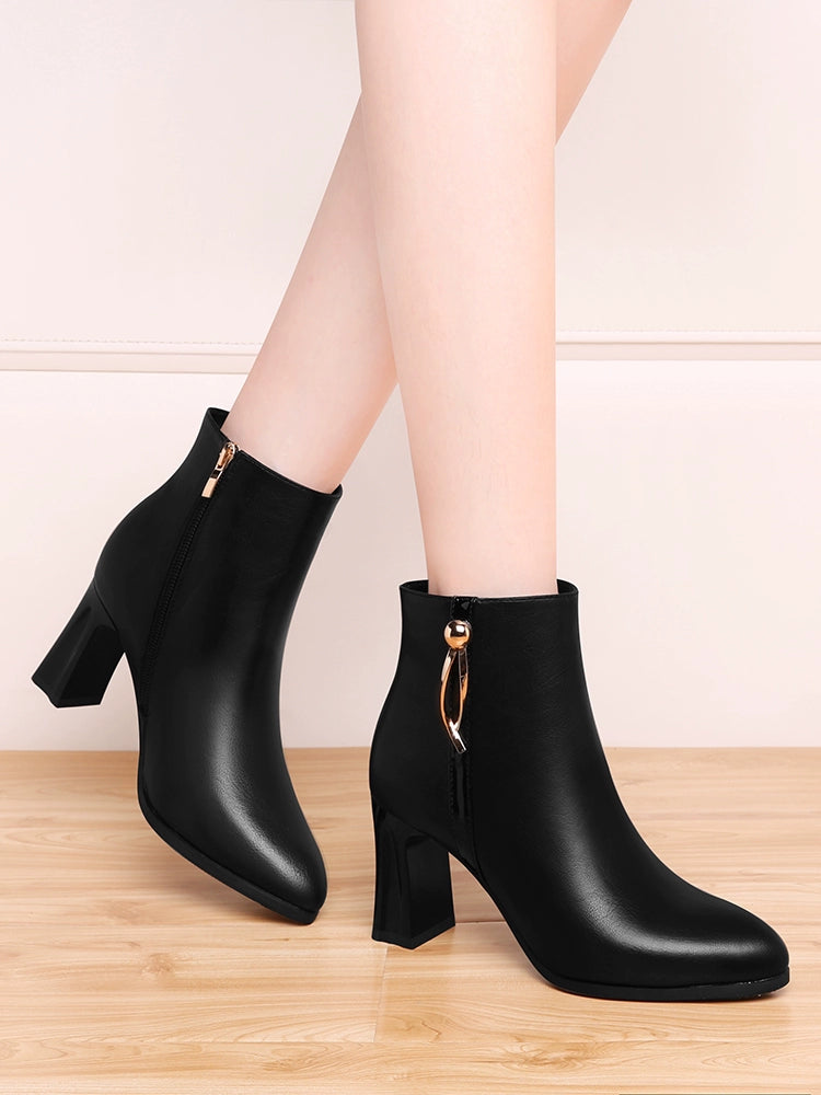 Coarse-heeled short boots Soft leather high-heeled boots Winter velvet 2023 new women's boots Beige boots High heels Leather boots