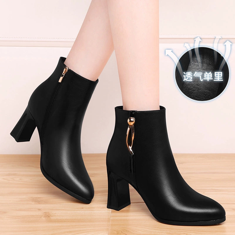 Coarse-heeled short boots Soft leather high-heeled boots Winter velvet 2023 new women's boots Beige boots High heels Leather boots