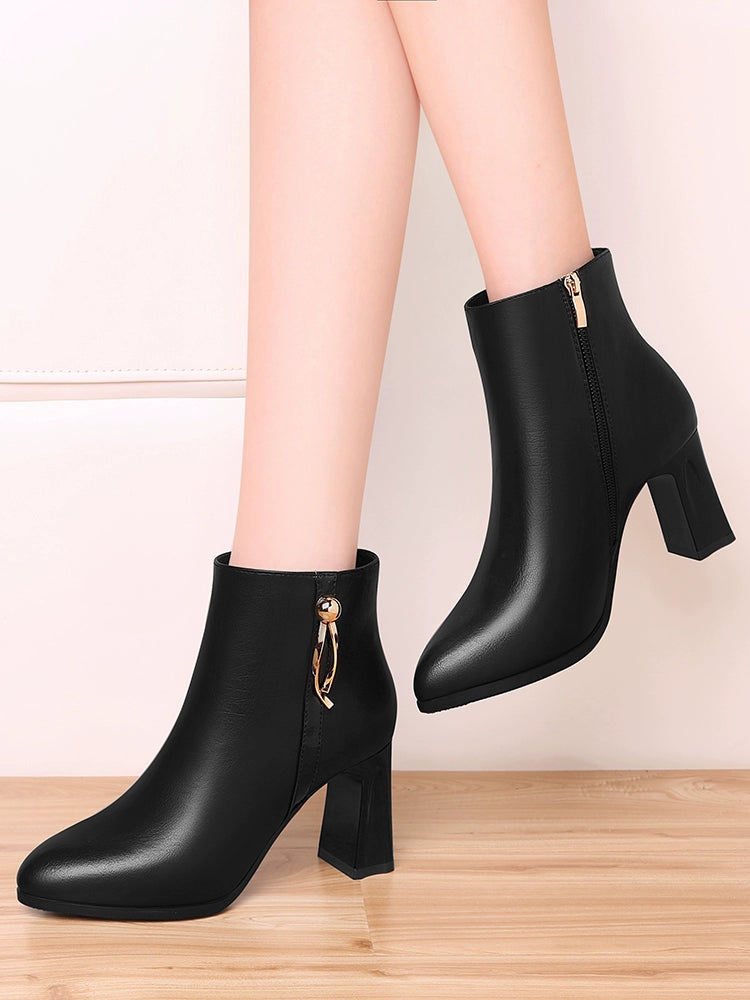 Coarse-heeled short boots Soft leather high-heeled boots Winter velvet 2023 new women's boots Beige boots High heels Leather boots