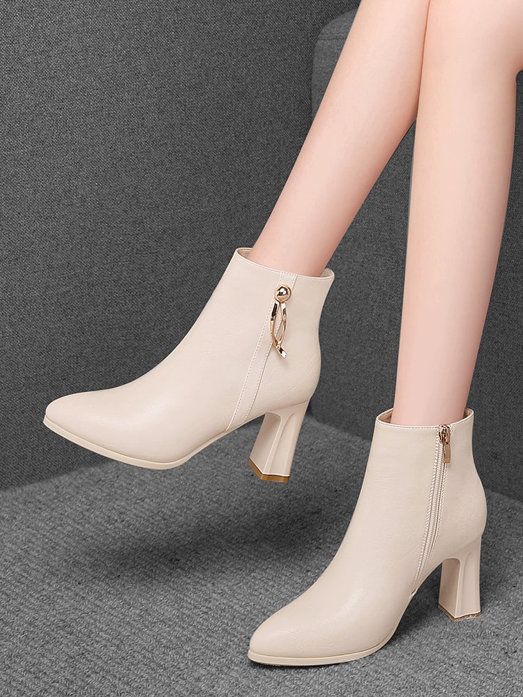 Coarse-heeled short boots Soft leather high-heeled boots Winter velvet 2023 new women's boots Beige boots High heels Leather boots