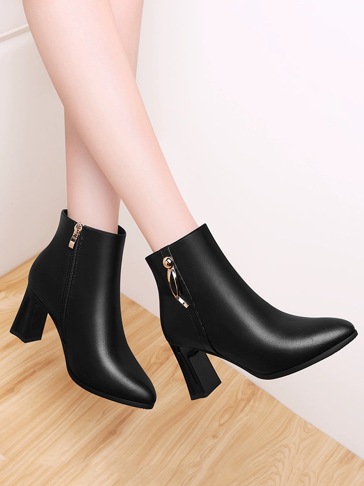 Coarse-heeled short boots Soft leather high-heeled boots Winter velvet 2023 new women's boots Beige boots High heels Leather boots